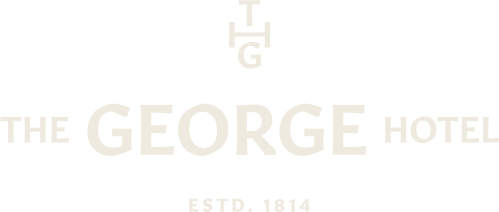 A logo reads THE GEORGE HOTEL with GEORGE in larger font. Above is a monogram TGH, and below it says EST. 1814. The design uses a light beige colour on a white background.