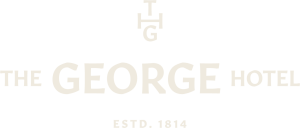 A logo reads THE GEORGE HOTEL with GEORGE in larger font. Above is a monogram TGH, and below it says EST. 1814. The design uses a light beige colour on a white background.