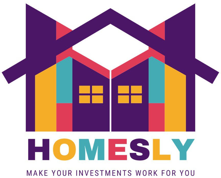 Logo shows two stylised houses in purple, red, yellow, and teal with four-pane windows. Below, HOMESLY is in bold multicoloured letters. The tagline reads, MAKE YOUR INVESTMENTS WORK FOR YOU.