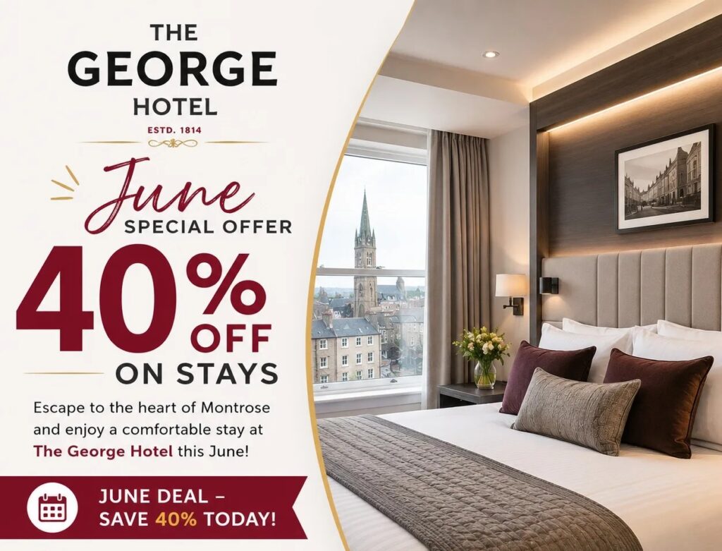 A hotel room with a neatly made bed, large window showing a city view with a church spire, and text promoting a 40% discount on stays at The George Hotel during June.