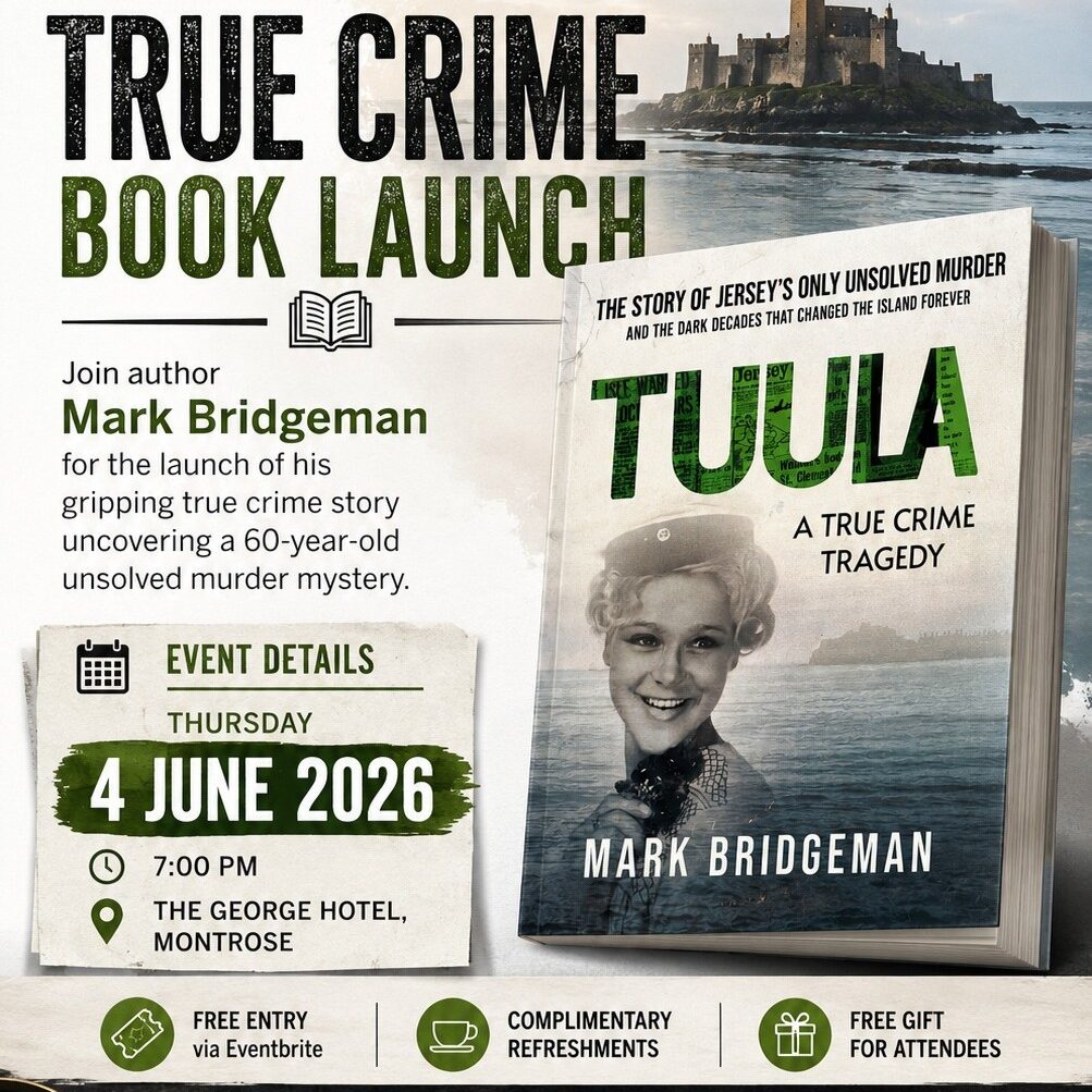 Promotional poster for a book launch event for Tuula: A True Crime Tragedy by Mark Bridgeman, featuring event details, a photo of a smiling woman, and a book cover with a castle and sea in the background.