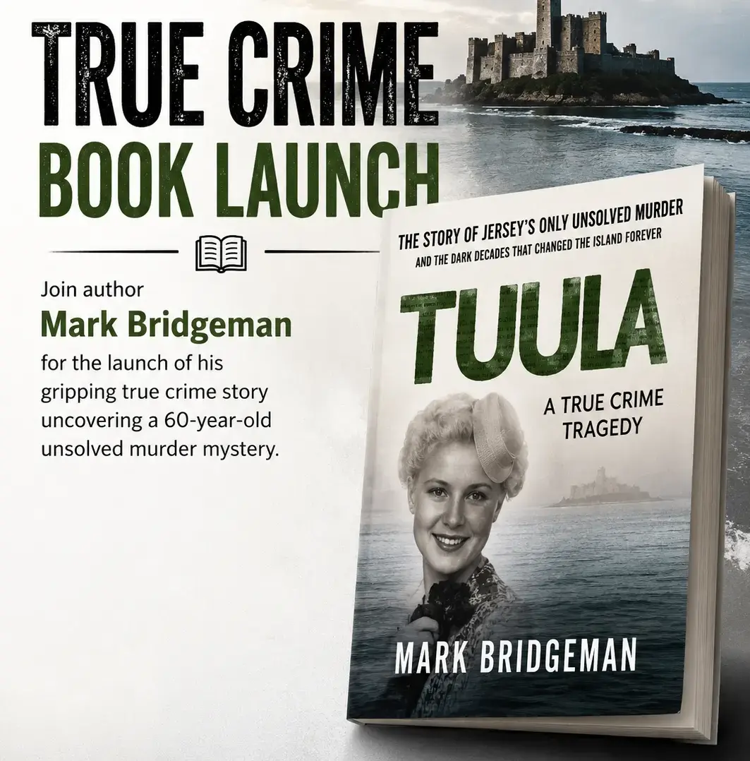 Poster for a true crime book launch event at The George Hotel, featuring the book Tuula by Mark Bridgeman, with an old photo of a smiling woman and a castle in the background.