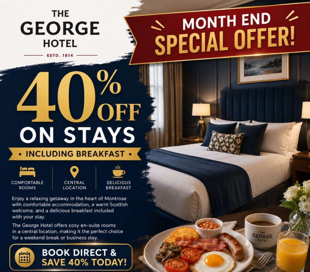 Promotional image for The George Hotel showing a stylish bedroom and a breakfast tray. Text announces a month-end special offer: 40% off on stays including breakfast, with details about amenities and booking benefits.