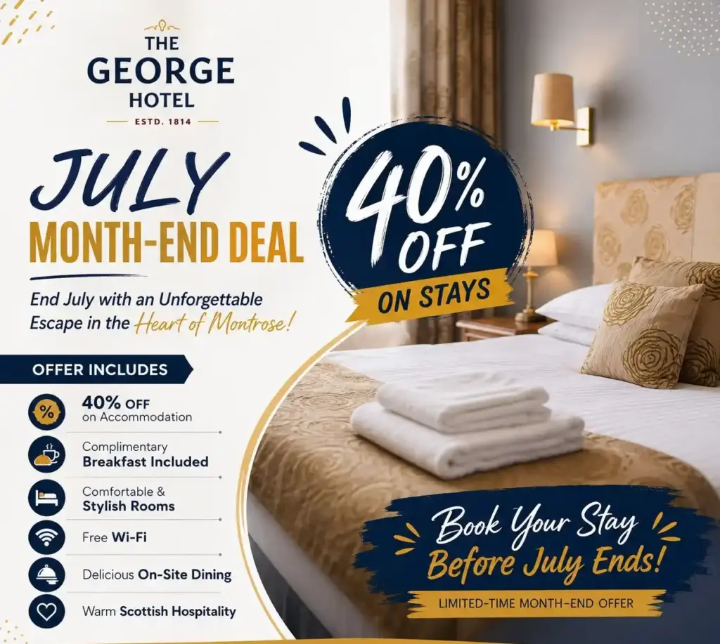 Hotel promotion advert for The George Hotel offering a 40% discount on stays, with a photo of a neatly made bed and folded towels. Offer includes breakfast, Wi-Fi, on-site dining, and hospitality. Book before July ends.