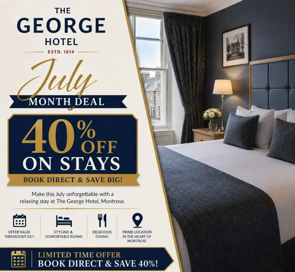 Hotel promotion poster for The George Hotel advertises a 40% discount on stays in July. The image shows a neatly made bed in a stylish room. Text highlights amenities and booking information.