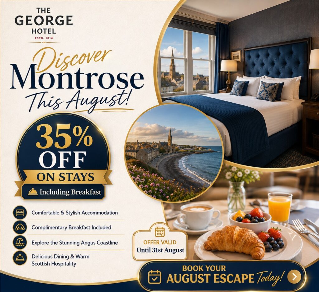 A hotel advert for The George Hotel offers 35% off stays in August, including breakfast. It features images of a hotel room, breakfast, and Montrose scenery. Contact and booking details are shown, with a special offer valid until 31 August.