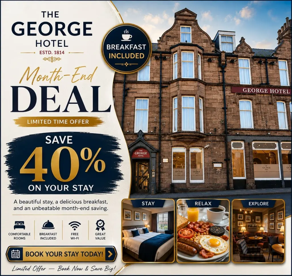 Advertisement for The George Hotel showing its building exterior, a bed, breakfast, and local attractions. Text highlights a limited-time month-end offer providing 40% off stays with breakfast included. Contact and location details are provided.