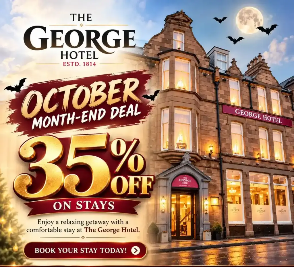 Promotional advert for The George Hotel offering 35% off October stays, including the hotel address, telephone number, and website.